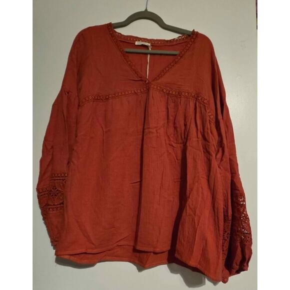 And The Why Rust Boho Peasant Blouse Crochet Lace Balloon Sleeve Top Medium - Picture 5 of 7